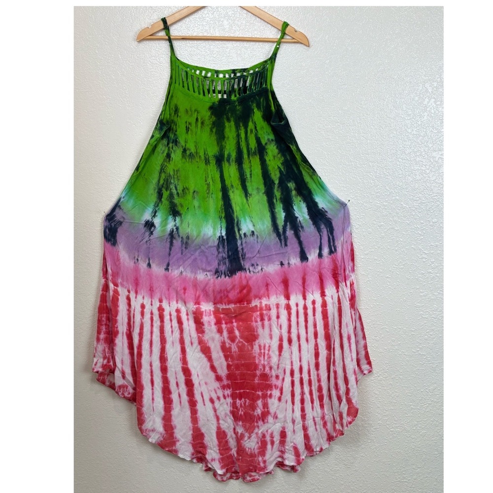 Beach By Exist Tie Dye Gauze‎ Dress One Size Green Pink Asymmetrical Hem LSD7314